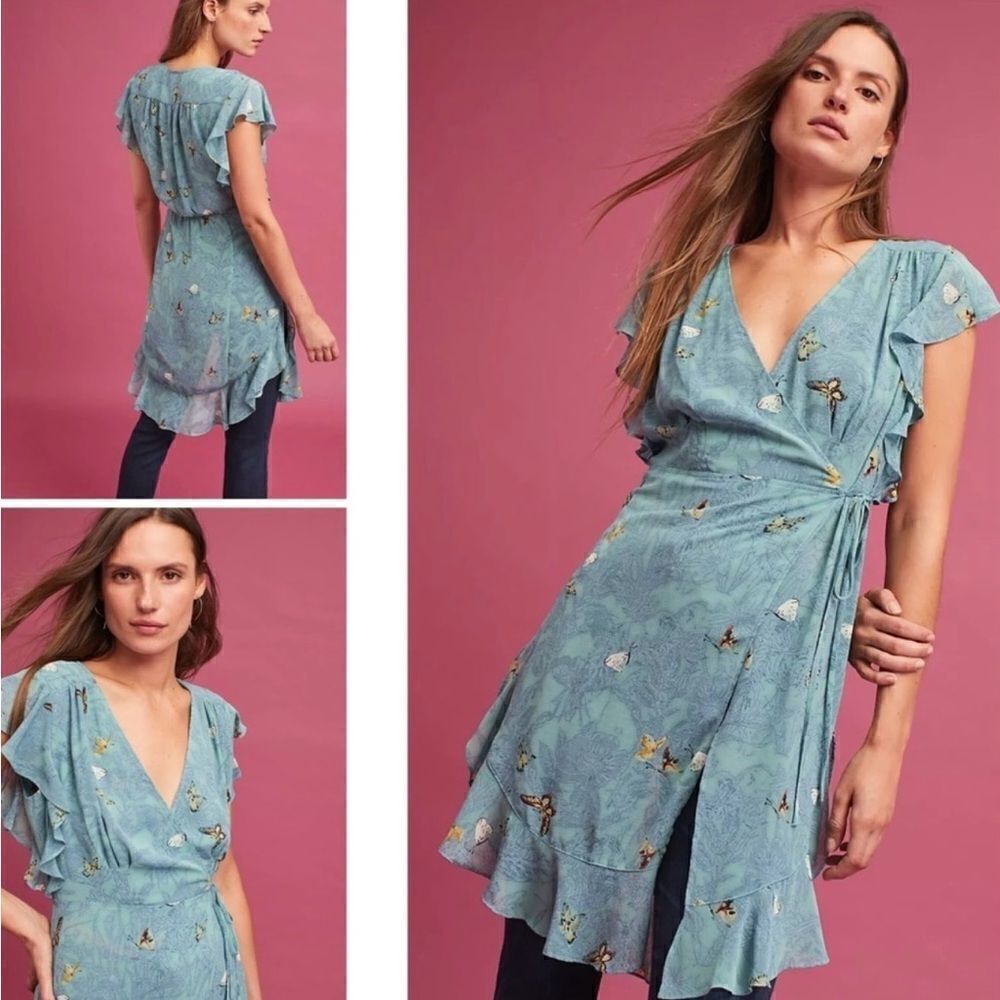 Anthropologie Blue Floral Wrap Dress